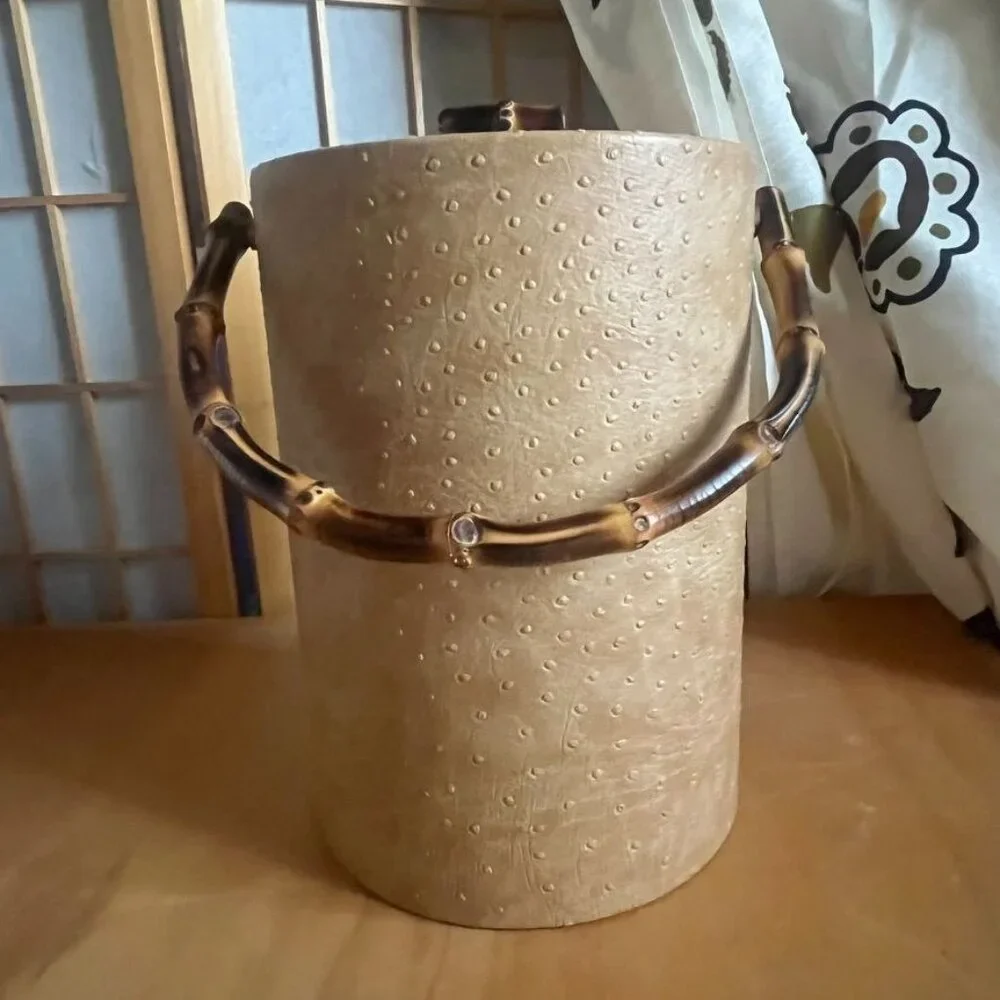 Vintage MCM Faux Ostrich Ice Bucket With Bamboo Handle & Lid READ